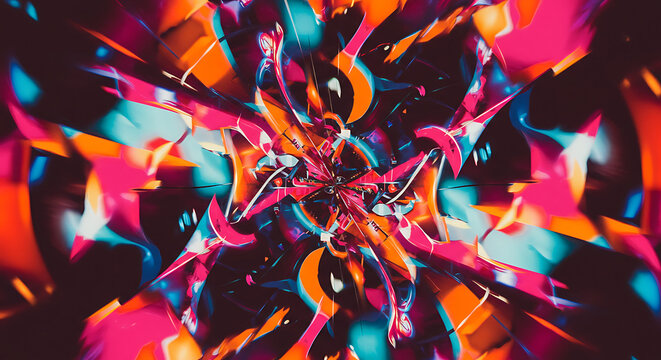 Vibrant, abstract artwork featuring dynamic shapes, rich colors, and an explosive central composition.