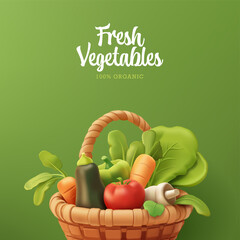 3D realistic fresh farm vegetables in a basket on a green background. For concepts of advertising organic farm vegetables, discounts. Vector illustration.