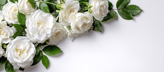Delicate white roses bouquet on white backdrop