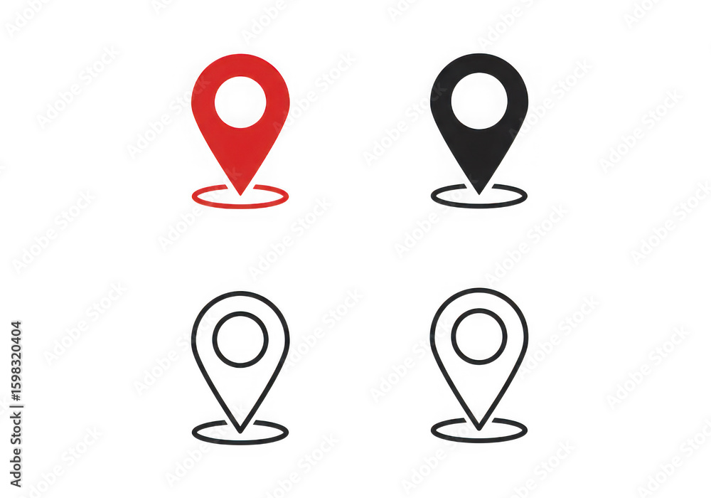 Poster four location pin icons are displayed in red and black on a transparent background