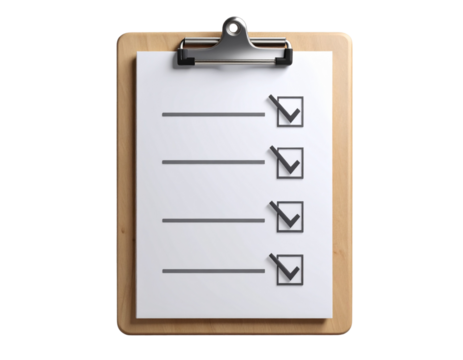 3D Realistic Checklist Icon on Clipboard with Tick Marks, isolated on transparent background.