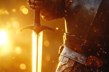 Knight in shining armor holding sword in sunlight