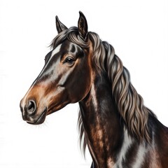 Obraz premium Elegant Equine Portrait: A stunning profile of a sleek, dark horse with a flowing mane and a noble spirit, its beauty and grace captured in a refined and artistic illustration.