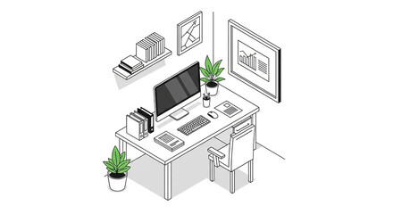Modern Isometric Home Office Workspace Illustration with Computer and Desk Setup for Remote Work
