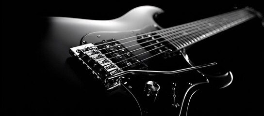 A black and white closeup image of a vintage electric guitar