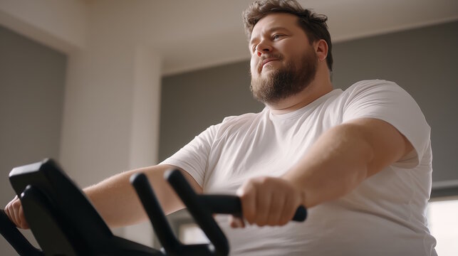 Overweight man exercising on stationary bike in bright indoor gym, focused on fitness journey, showcasing determination and commitment to health and well-being
