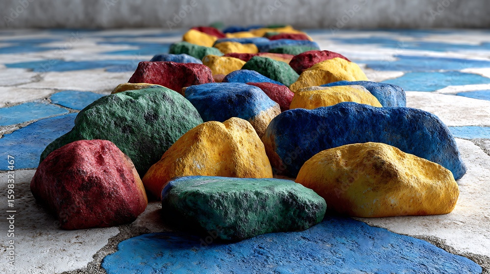 Poster close-up of a modern terrazzo flooring surface with colorful marble chips embedded in a polished cem