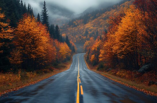 Winding asphalt road through vibrant autumn forest with misty mountains fall highway - Powered by Adobe
