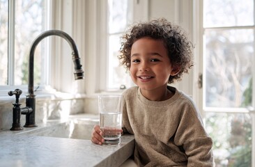  drinking a glass of water in the kitchen by the sink