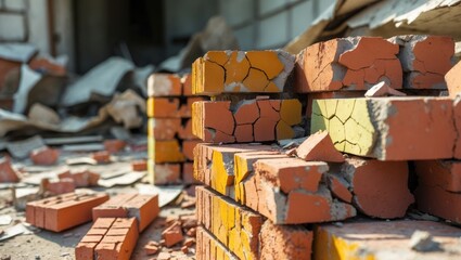 Stacked bricks with broken pieces in a construction or demolition site. Building and construction materials, destruction, renovation, architecture, and masonry.