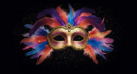 A decorative mask adorned with a dazzling array of colorful feathers, sparkles, and intricate details.