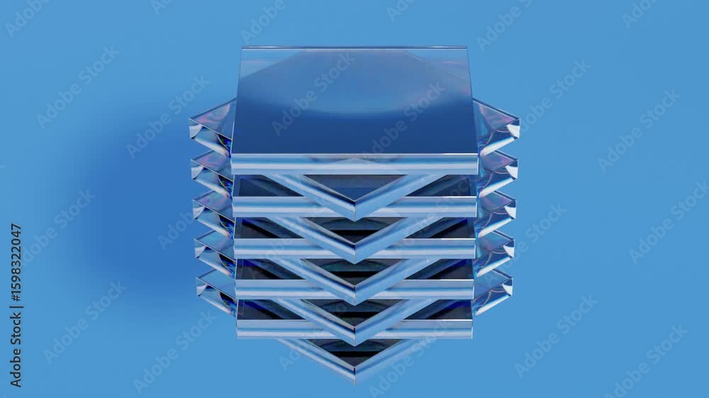 Poster floating transparent square plates on blue background form abstract composition, seamless 3d animati