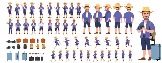 Traveler character model sheet, Character poses, expressions, Walk cycle, Run cycle animated character sequences.