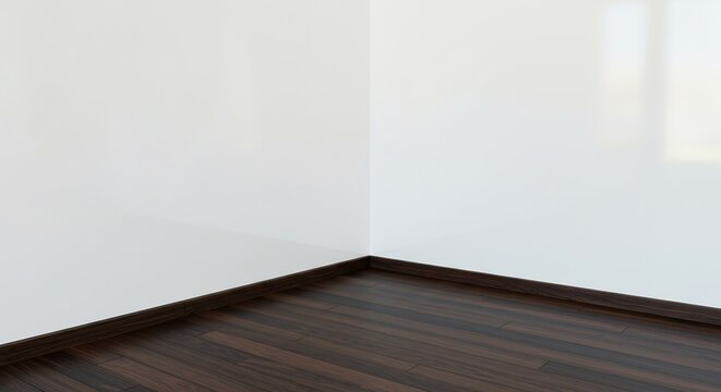 Clean, modern empty room corner featuring dark brown wooden flooring and bright, glossy white walls showing a window reflection. Perfect for interior design mockups or real estate concepts.