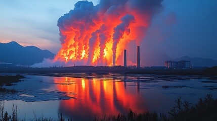 Industrial plant emitting plumes of smoke and flames over a tranquil body of water.