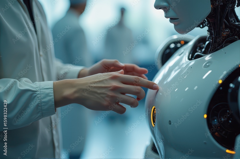 Poster closeup on scientist examines futuristic humanoid robot with white exterior in laboratory. interacti