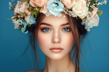 Naklejka premium Young woman with blue eyes and floral crown