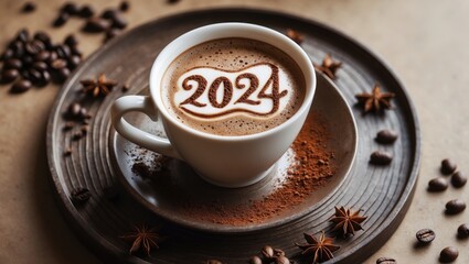 Coffee cup with "2024" written on frothy surface, surrounded by coffee beans and spices, on a wooden tray with a warm, cozy atmosphere.