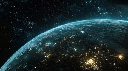 Fototapeta premium Global network nodes connecting continents on a nighttime Earth from space