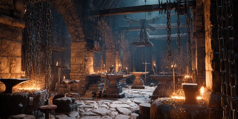 Medieval Blacksmith Workshop with Forges and Anvils