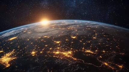 Obraz premium Sunrise over planet Earth with illuminated city lights and cosmic stars