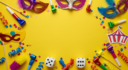 Festive arrangement of masks, party favors, confetti and dice creates a vibrant celebratory mood.