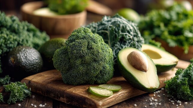 Fresh and vibrant broccoli and avocado arranged beautifully on a wooden cutting board, perfect for healthy meals.