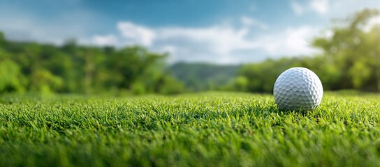 Golf ball on a putting green with beautiful sunset light