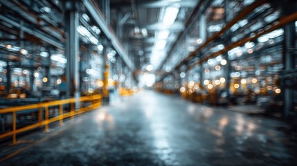 Industrial warehouse interior with blurred lights and machinery, representing modern manufacturing spaces.