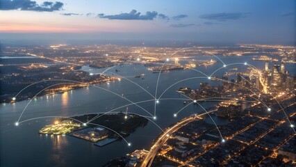 Connected cityscape at dusk with network overlay