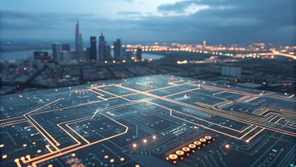 Futuristic cityscape with digital circuit board overlay at dusk