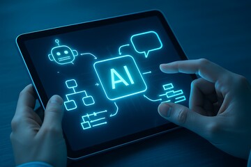 Hands interacting with glowing artificial intelligence diagram on tablet image