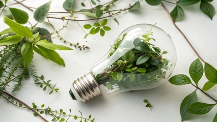 Light bulb filled with green plants symbolizing eco friendly energy and sustainability