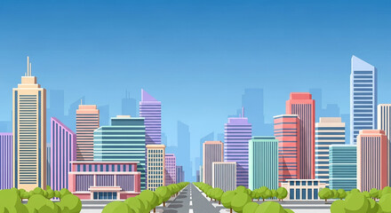 Modern city skyline with a road leading to downtown skyscrapers background.