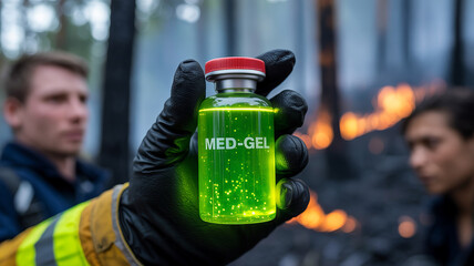 Medicine Vial in a Hazard: A gloved hand carefully holds a vial of a vibrant, glowing medicine against a backdrop of smoldering fire and concerned figures, creating an atmosphere of caution and hope.