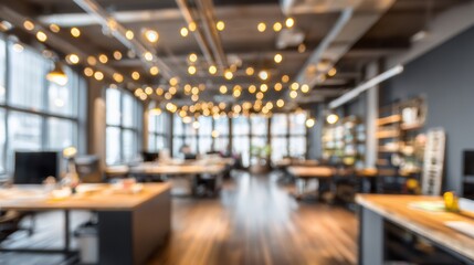 Modern office interior with warm lighting, spacious workstations, and an inviting atmosphere for collaboration.