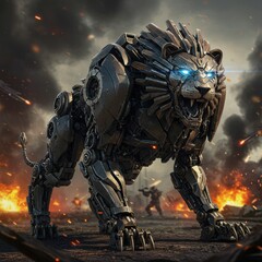 Cyber Lion: A majestic, robotic lion stands defiant amidst a futuristic war zone, its metallic body gleaming with intricate detail as it prepares for battle.