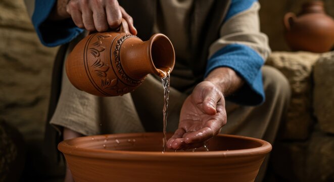 A man pouring water from a clay jug into a bowl for washing feet ritual. Christianity and religious tradition concept.