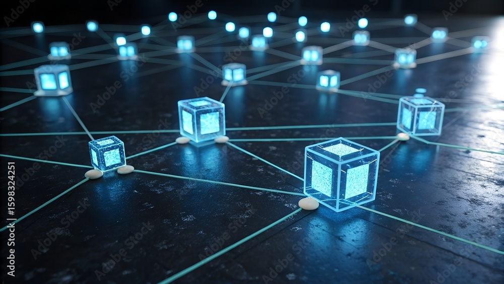 Poster glowing blue digital network nodes connected by light lines on a dark background