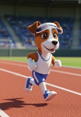 Canine Competitor on Track: A sporty cartoon dog, exuding athleticism and determination, sprints along a stadium track, showcasing speed and skill.
