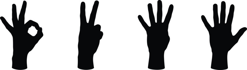 Hand gestures silhouette, peace sign, OK gesture, five fingers, counting fingers, black and white image, communication symbol, Adobe Stock, isolated design, non-verbal expression
