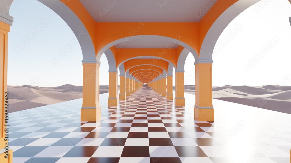 Poster infinite corridor with orange geometric columns on checkerboard floor extending into desert, seamles