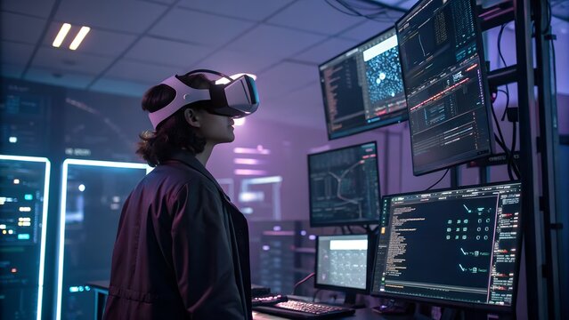Woman wearing virtual reality headset in a futuristic server room with glowing screens