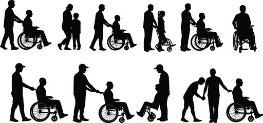 Wheelchair assistance silhouettes, caregiver compassion, mobility support, healthcare service, patient care, accessibility concept, medical help, Adobe Stock, disability aid, inclusive image