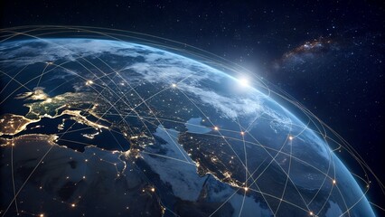 Earth from space with glowing city lights and sunrise over the horizon