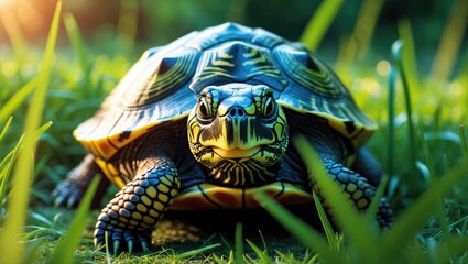 Obraz premium A close-up of a turtle with detailed markings, surrounded by green grass and foliage, emphasizing its shell, head, and limbs.