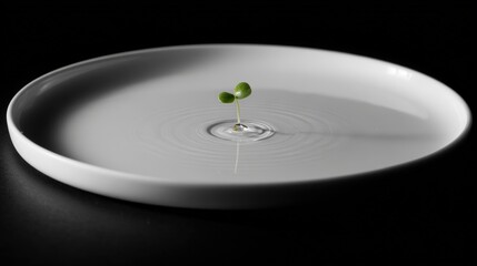 Green Sprout Growing on Water Surface in Minimalist White Dish on Black Background