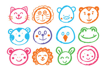 Whimsical Animal Cartoon Faces: A delightful collection of colorful, hand-drawn cartoon faces featuring a variety of cheerful animals, perfect for adding a touch of playful joy to any project.