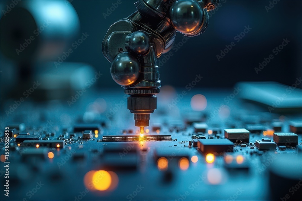 Poster robotic arm working on circuit board with glowing lights. concept of advanced technology and automat