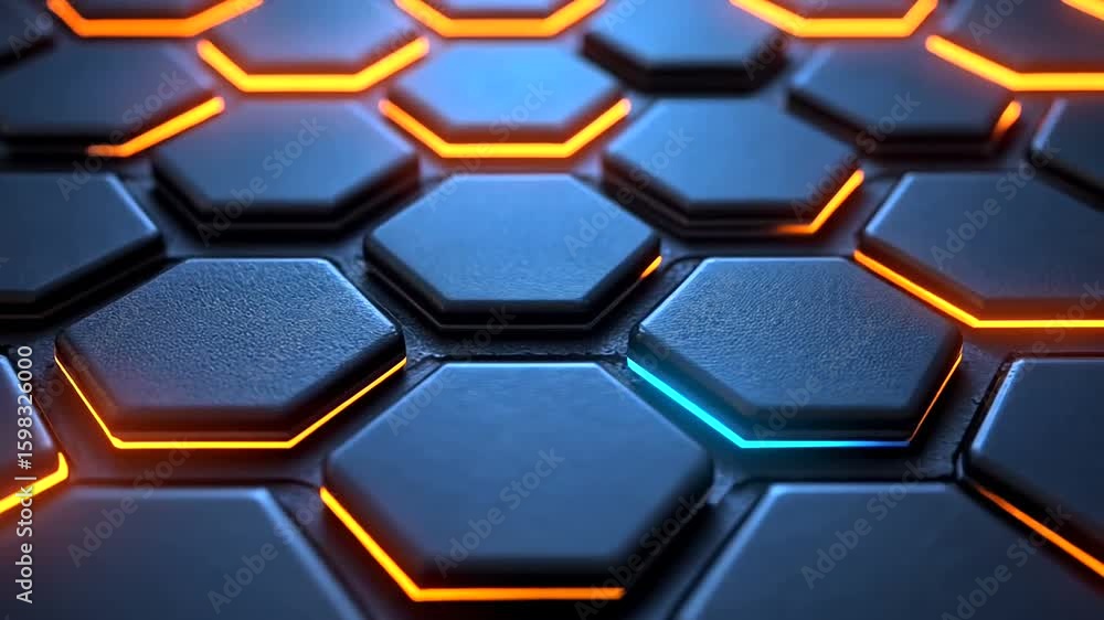 Wall mural futuristic hexagon grid with glowing blue and orange edges - abstract tech visual